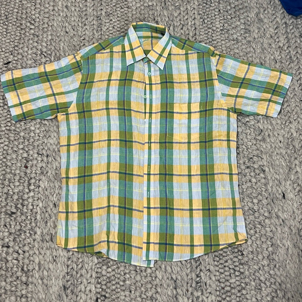 Bugatchi Uomo Plaid Linen Short Sleeve Large